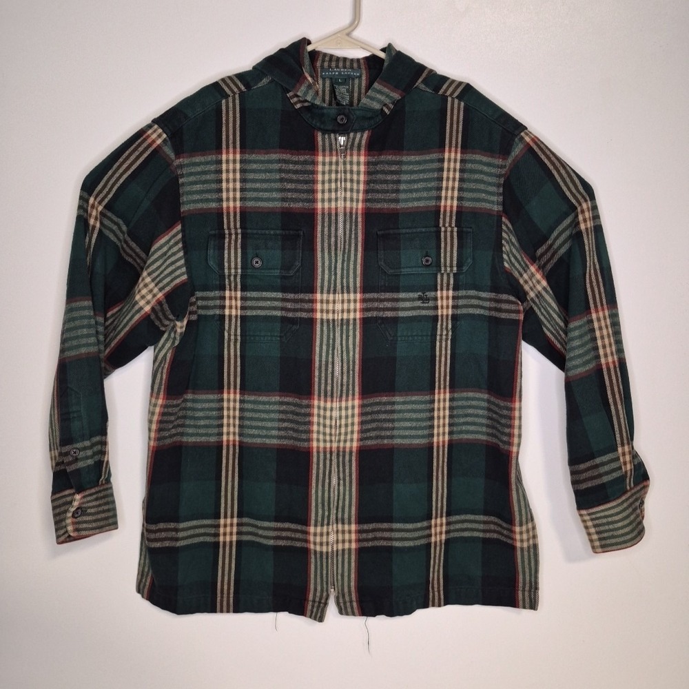 Lauren Ralph Lauren Flannel Shacket Womens Large Green Plaid Hood Full Zip Work - Picture 8 of 8